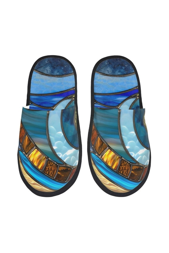 Stained Glass Ocean Wave Pattern Fuzzy Slippers Fuzzy Soft House Slippers Plush Furry Warm Cozy Open Toe Fluffy Home Shoes-Large