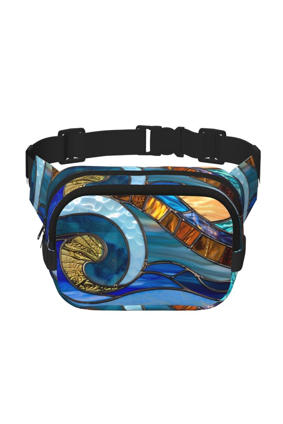 Stained Glass Ocean Wave Print Fanny Pack Belt Bag for Women and Men, Square Double-Layer Waterproof Waist Pack with Adjustable Strap for Hiking, Jogging, Cycling