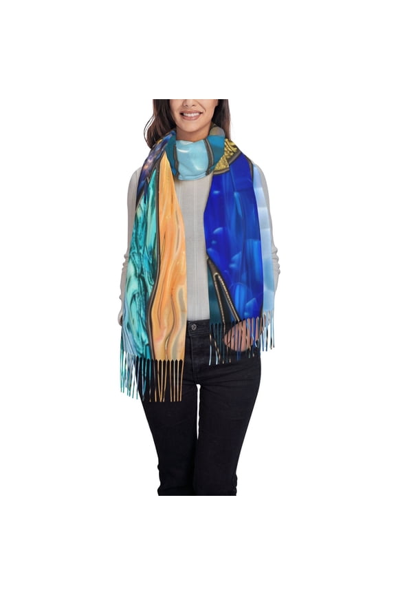Stained Glass Ocean Wave Women's Traditional Scarf Wrap Tassel Shawl Fringes Neck Head Shawl Retro Scarf