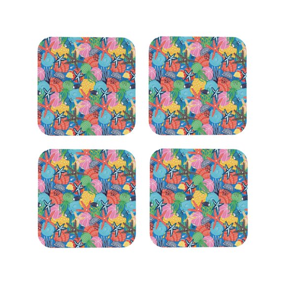 Rateoe Starfish And Algae Drawing Drink Coasters Set of 4 Leather Coasters Spill Protection for Table Desk,Durable and Non Slip Leather Coaster ,4 Inches Drink Mats-Square