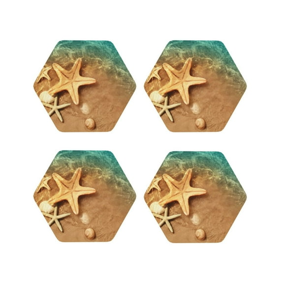 Rateoe Starfish And Seashell 1 Drawing Drink Coasters Set of 4 Leather Coasters Spill Protection for Table Desk,Durable and Non Slip Leather Coaster ,4 Inches Drink Mats-Hexagon