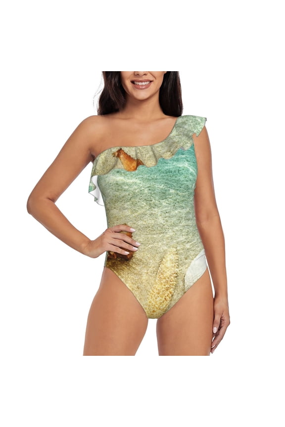 Starfish And Seashell On The Beach Pattern Women One Piece Swimsuits Tummy Control One Shoulder Bathing Suits Ruffle Swimwear-Medium