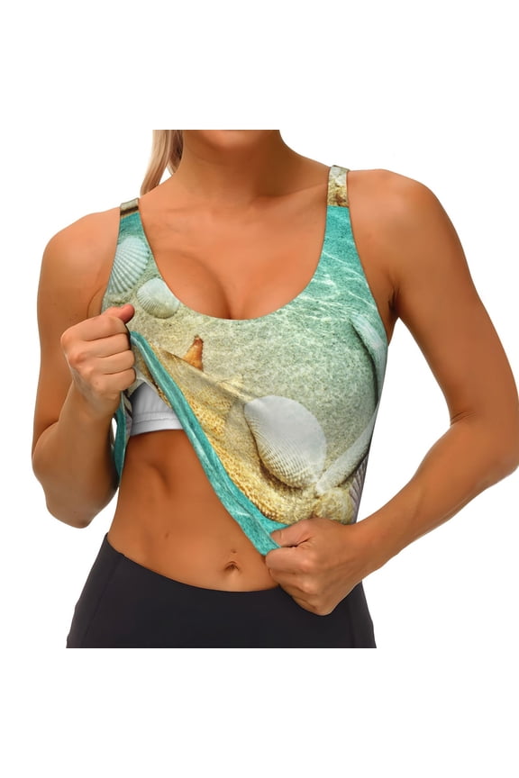 Starfish And Seashell On The Beach Print Womens' Sports Bras Scoop Neck Sports Vest- Padded U Back Seamless High Impact Support