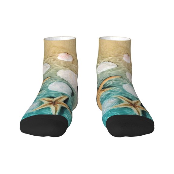 Rateoe Starfish And Seashell Pattern Quarter Crew Socks,Toe Seamed Ankle Socks,Cotton Cushioned Breathable Athletic Crew Sports Socks