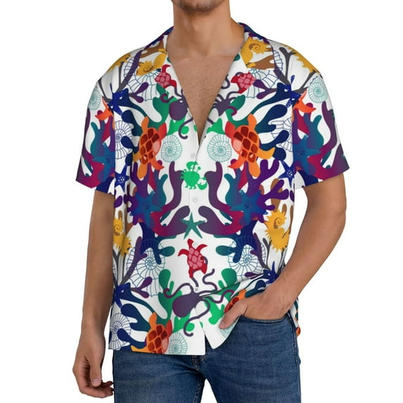Rateoe Starfish And Turtle Pattern Men's Short Sleeve Classic Shirt, Casual Short-Sleeved Shirt, Lightweight Summer Shirt, Cuban Collar Shirt,Button-Front Shirt-Large