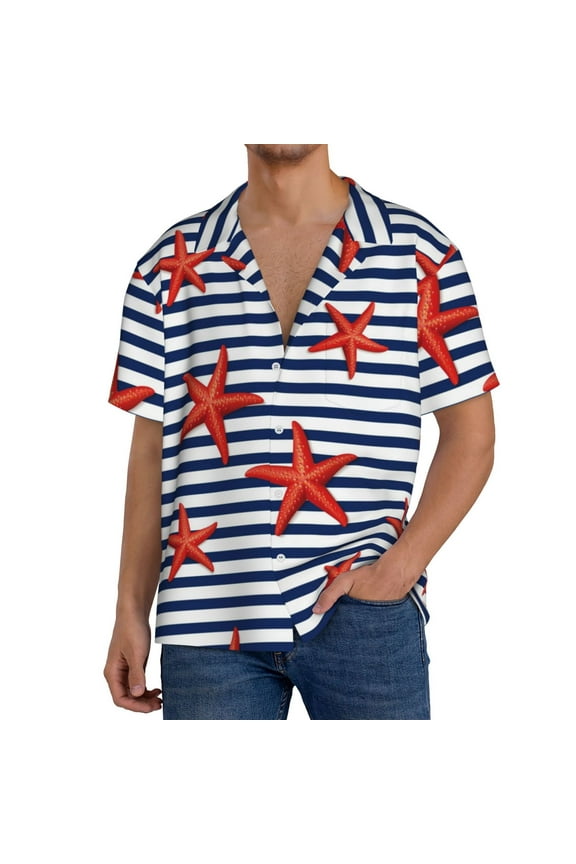 Starfish Navy Blue Stripe Pattern Men's Short Sleeve Classic Shirt, Casual Short-Sleeved Shirt, Lightweight Summer Shirt, Cuban Collar Shirt,Button-Front Shirt-Small