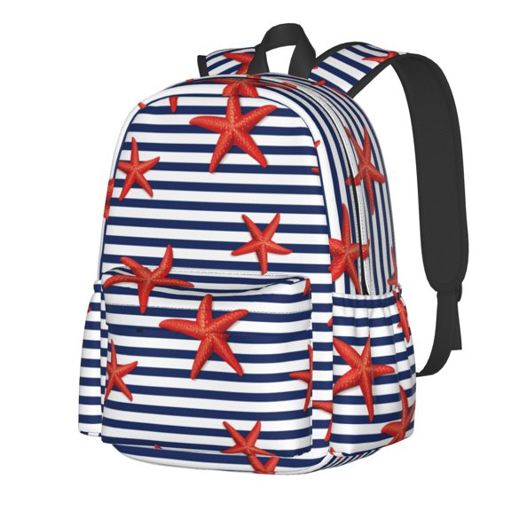 Rateoe Starfish Navy Blue Stripe Pattern Student Backpack,Backpack for School,Lightweight Bag,Travel Backpack,Outdoor Backpack,Large Capacity Backpack