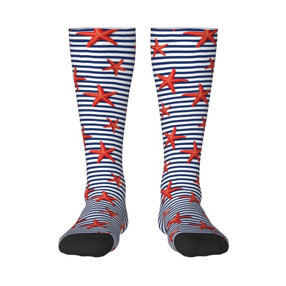 Rateoe Starfish Navy Blue Stripe Pattern Women’s Knee High Crew Socks,Trouser Socks Comfortable, Breathable, Moisture-Wicking and Soft