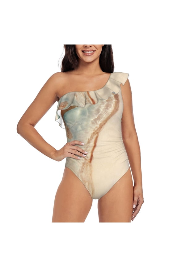 Starfish On The Sand Beach Pattern Women One Piece Swimsuits Tummy Control One Shoulder Bathing Suits Ruffle Swimwear-Medium
