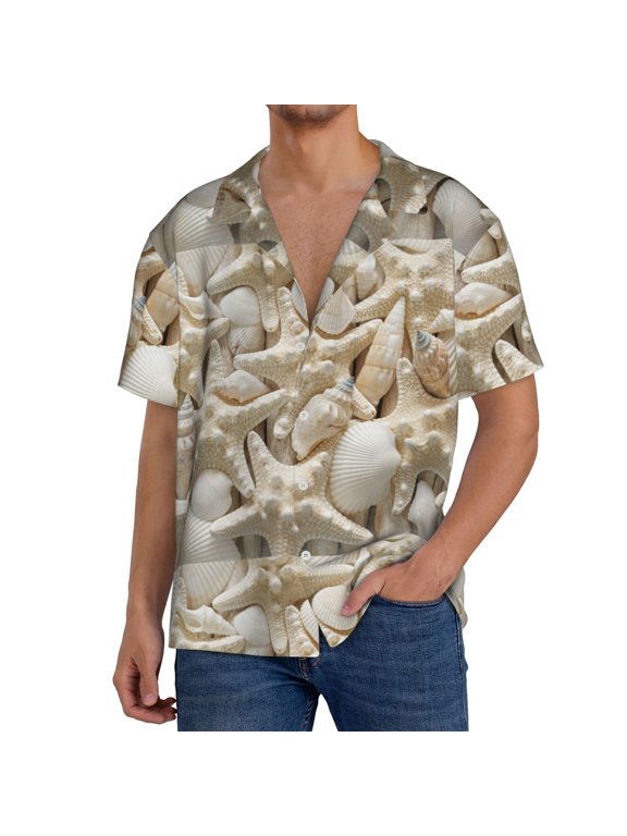 Starfish and Sea Shells Pattern Men's Short Sleeve Classic Shirt, Casual Short-Sleeved Shirt, Lightweight Summer Shirt, Cuban Collar Shirt,Button-Front Shirt-Medium
