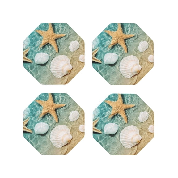 Rateoe Starfish And Seashell Drawing Drink Coasters Set of 4 Leather Coasters Spill Protection for Table Desk,Durable and Non Slip Leather Coaster ,4 Inches Drink Mats-Octagon