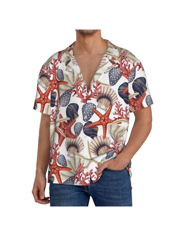 Starfish Shell Pattern Men's Short Sleeve Classic Shirt, Casual Short-Sleeved Shirt, Lightweight Summer Shirt, Cuban Collar Shirt,Button-Front Shirt-Medium