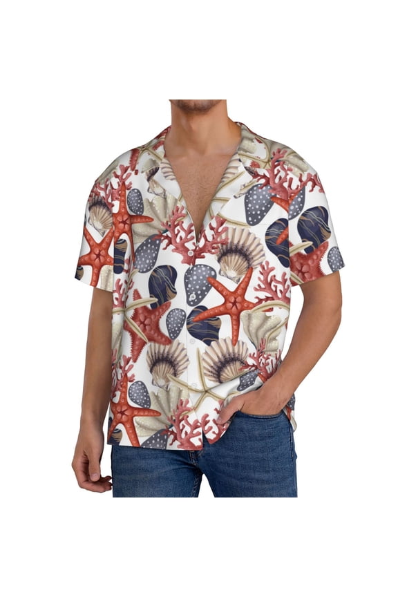 Starfish Shell Pattern Men's Short Sleeve Classic Shirt, Casual Short-Sleeved Shirt, Lightweight Summer Shirt, Cuban Collar Shirt,Button-Front Shirt-Medium