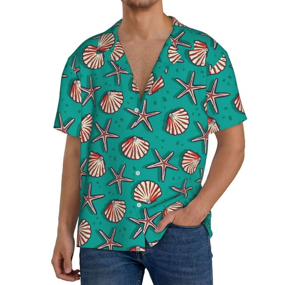 Rateoe Starfish and Shell Pattern Men's Short Sleeve Classic Shirt, Casual Short-Sleeved Shirt, Lightweight Summer Shirt, Cuban Collar Shirt,Button-Front Shirt-Small