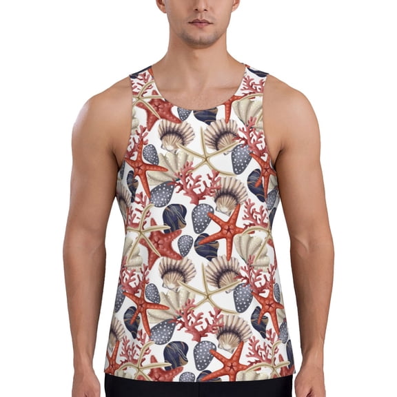 Rateoe Starfish Shell Pattern Sleeveless Gym Shirt Muscle Tee Breathable Workout Shirt Slim-Fit Tank Quick Dry Fit Muscle Tank Top Bodybuilding Sleeveless T Shirt-4X-Large