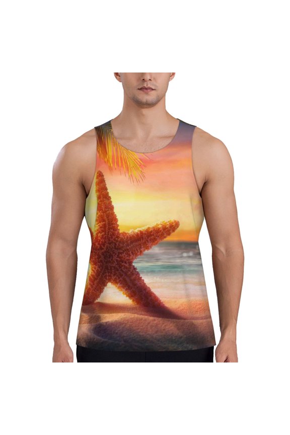 Starfish Sunset Sea Beach Pattern Sleeveless Gym Shirt Muscle Tee Breathable Workout Shirt Slim-Fit Tank Quick Dry Fit Muscle Tank Top Bodybuilding Sleeveless T Shirt-4X-Large
