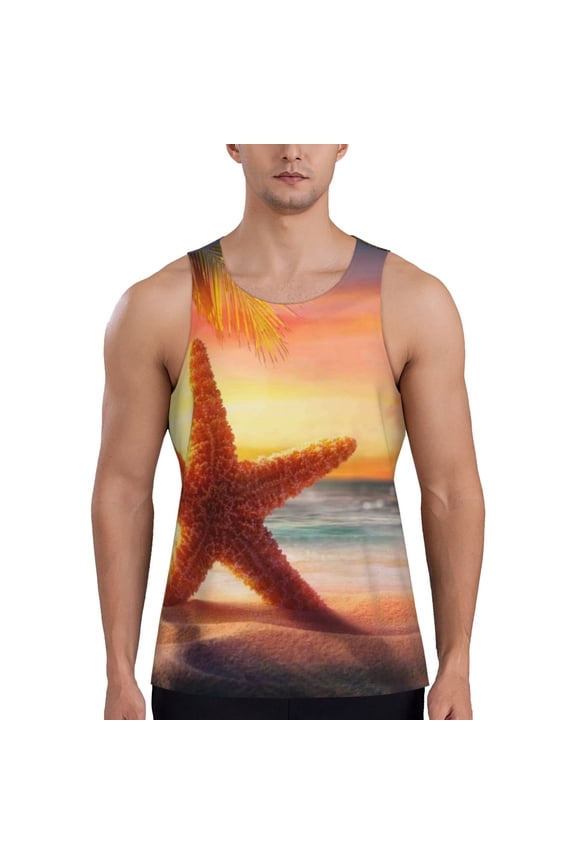 Starfish Sunset Sea Beach Pattern Sleeveless Gym Shirt Muscle Tee Breathable Workout Shirt Slim-Fit Tank Quick Dry Fit Muscle Tank Top Bodybuilding Sleeveless T Shirt-