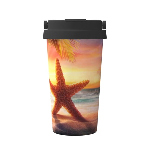 Rateoe Starfish Sunset Sea Beach Pattern Travel Coffee Mug Tumbler with Flip Lid | Reusable Insulated Stainless Steel Cold Brew Iced Coffee Cup Thermos