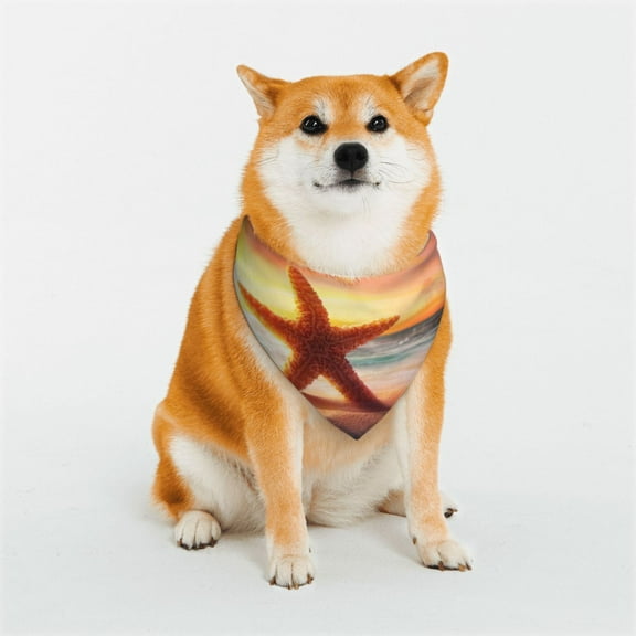 Rateoe Starfish Sunset Sea Beach Print Pet Scarf for Dogs and Cats – Stylish Reflective Design, Breathable & Durable Pet Bandana with Quick-Release Buckle-Medium