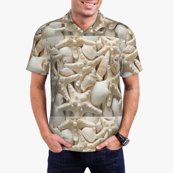 Rateoe Starfish and Sea Shells Pattern Men's Short Sleeve Polo Shirts, Golf Polo Shirts Short Sleeve Performance Moisture Wicking Dry-X-Large