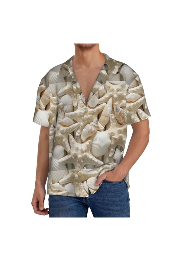 Starfish and Sea Shells Print Mens Front Pocket Hawaiian Shirts Casual Shirts Short Sleeve Button Down Beach Tropical Shirts-Medium