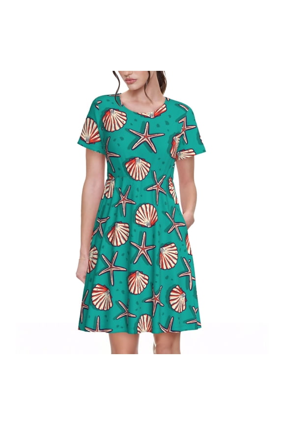 Starfish and Shell Pattern Women’s Short Sleeve Dress – Casual Elegant Summer A-Line Dress for Everyday Wear