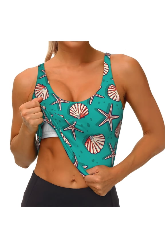 Starfish and Shell Print Womens' Sports Bras Scoop Neck Sports Vest- Padded U Back Seamless High Impact Support