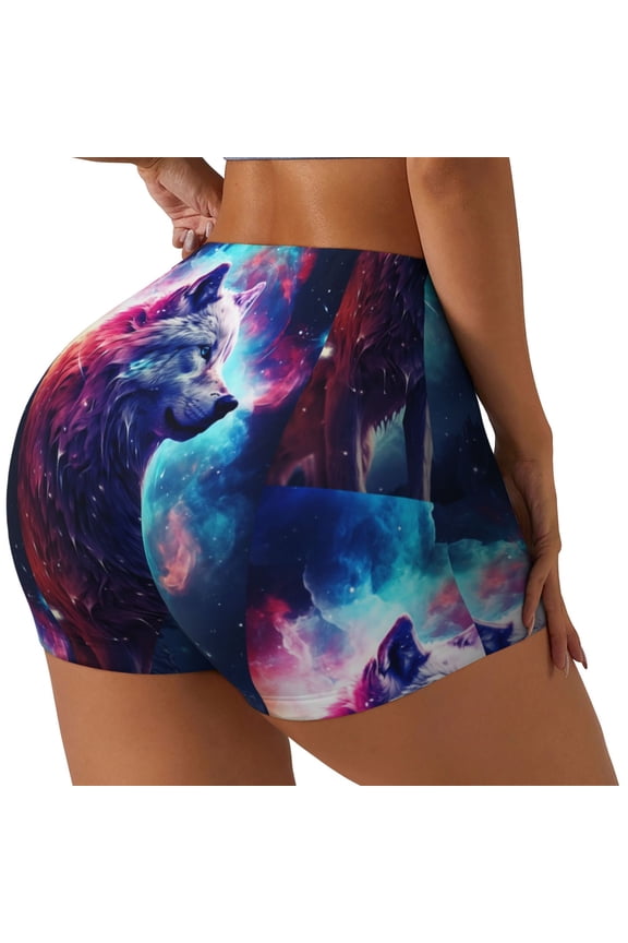Starry Multicolored Wolf Printed Power Workout Shorts for Women Tummy Control Squat Proof Ribbed Thick Seamless Scrunch Active Short-Large