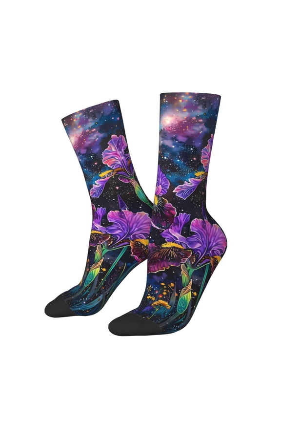 Starry Night Iris Field for Women Casual Calf Socks - Cute Crew Socks - Thin Soft Above Ankle Socks Size 5-11