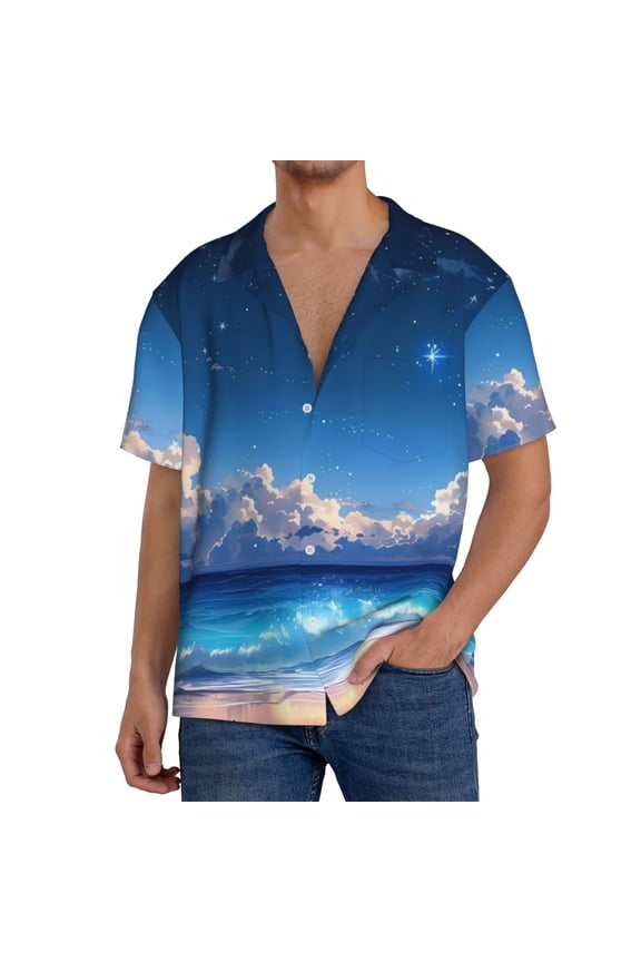 Starry Night Ocean View Print Mens Front Pocket Hawaiian Shirts Casual Shirts Short Sleeve Button Down Beach Tropical Shirts-Medium