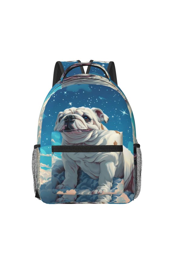 Starry Sky Cloud Bulldog Pattern Durable Student Backpack Laptop Bag- Ergonomic Design, Waterproof Twill Fabric - Ideal for School, Travel, and Outdoor Activities