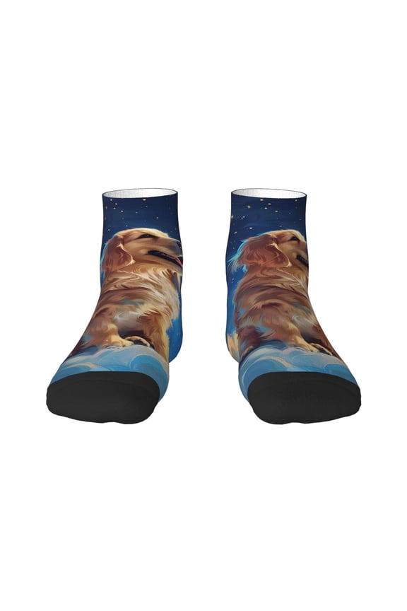 Starry Sky Cloud Dog Pattern Quarter Crew Socks,Toe Seamed Ankle Socks,Cotton Cushioned Breathable Athletic Crew Sports Socks