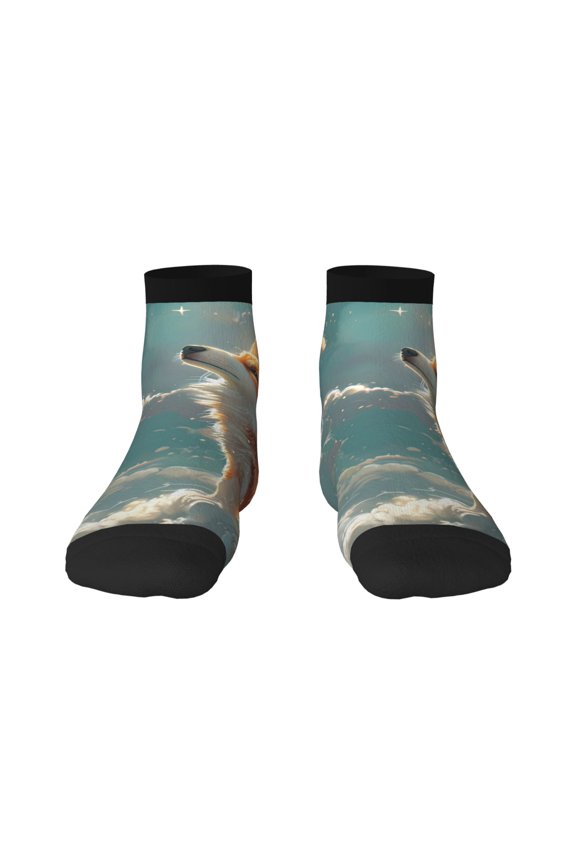 Starry Sky Cloud Fox Pattern Quarter Crew Socks,Toe Seamed Ankle Socks,Cotton Cushioned Breathable Athletic Crew Sports Socks