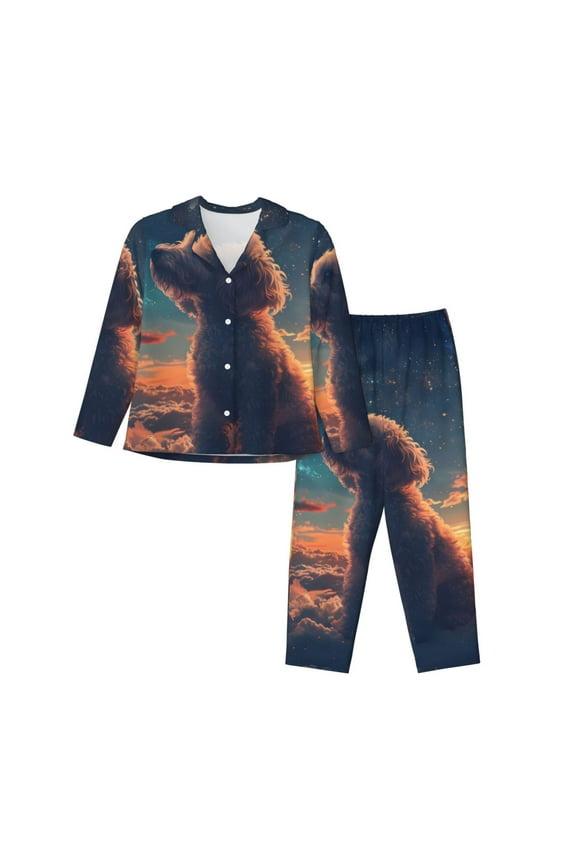 Starry Sky Cloud Puppy Pattern Womens Pajamas Set Long Sleeve Sleepwear Button Down Nightwear Soft Cotton Pj Lounge Sets