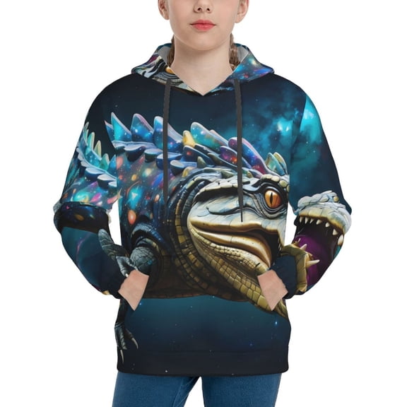 Rateoe Starry Sky Colorful Crocodile Pattern Boys Hoodie, Youth Pullover Hooded Sweatshirt, Kangaroo Pocket Hoodie for Kids-Medium