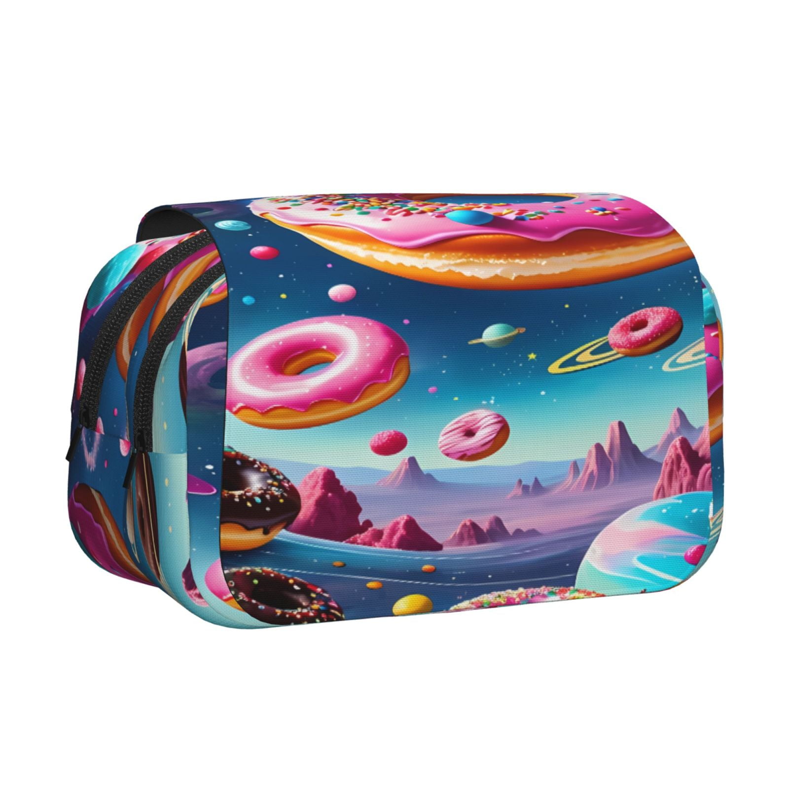 Rateoe Starry Sky Colorful Donut Pattern Double Clamshell Pen Case, Storage Organizer with Two Zipper Compartments– Holds Up to 50 Pencils & Pens