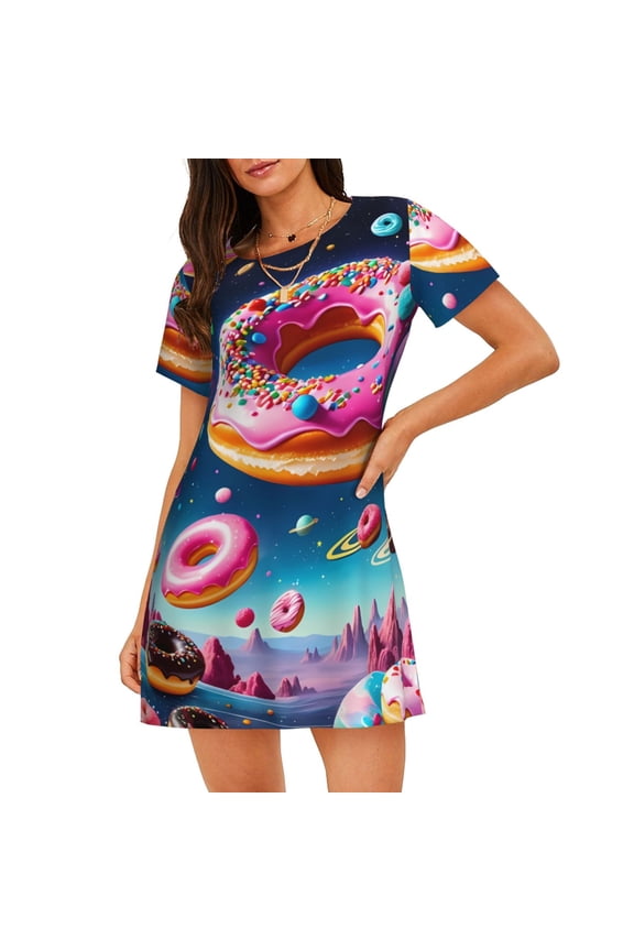 Starry Sky Colorful Donut Print Women’s Nightdress – Cozy Cotton Short-sleeved Sleep Shirt, Loose-Fit Sleepwear, Perfect for Relaxing and Sleeping
