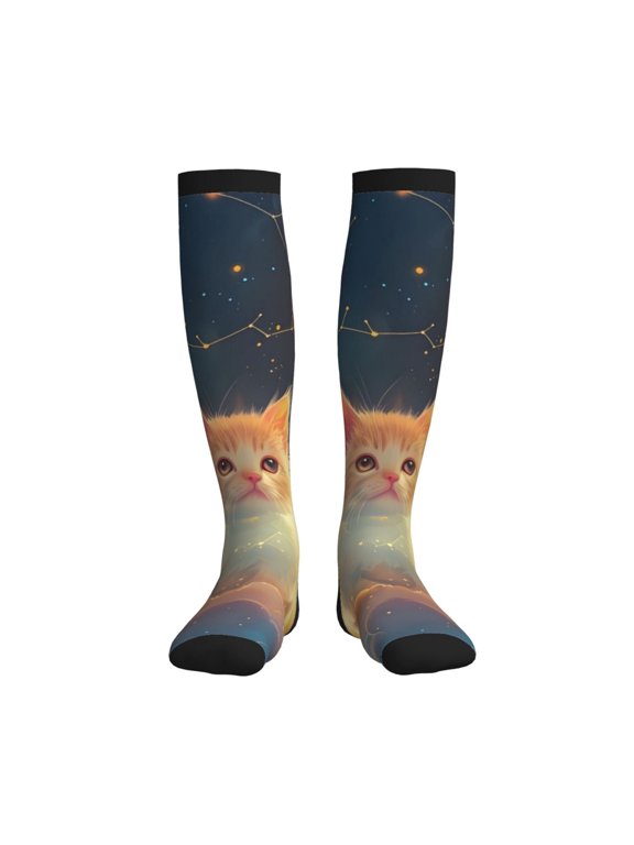Starry Sky Constellation Cat Compression Socks for Women and Men 20-30mmHg-Circulation Support Socks Knee High Nurse Pregnant Running Medical and Travel Athletic