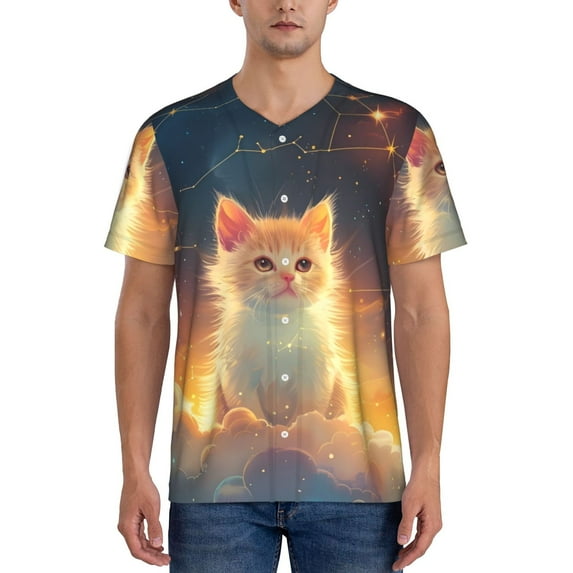 Rateoe Starry Sky Constellation Cat Pattern Men’s Baseball Short Sleeve Polo Shirt, Midweight Men's Shirt Golf Shirt Polo Shirts Quick Dry Short-Medium