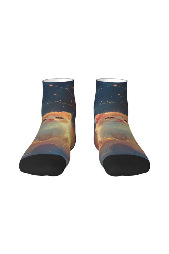 Starry Sky Constellation Cat Pattern Quarter Crew Socks,Toe Seamed Ankle Socks,Cotton Cushioned Breathable Athletic Crew Sports Socks