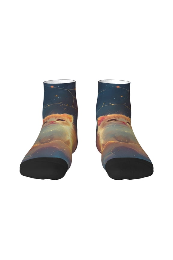 Starry Sky Constellation Cat Pattern Quarter Crew Socks,Toe Seamed Ankle Socks,Cotton Cushioned Breathable Athletic Crew Sports Socks