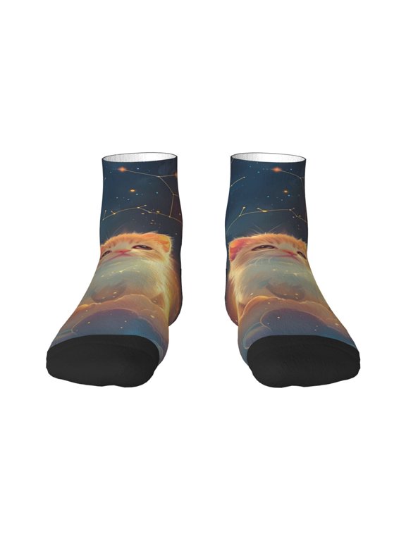 Starry Sky Constellation Cat Pattern Quarter Crew Socks,Toe Seamed Ankle Socks,Cotton Cushioned Breathable Athletic Crew Sports Socks