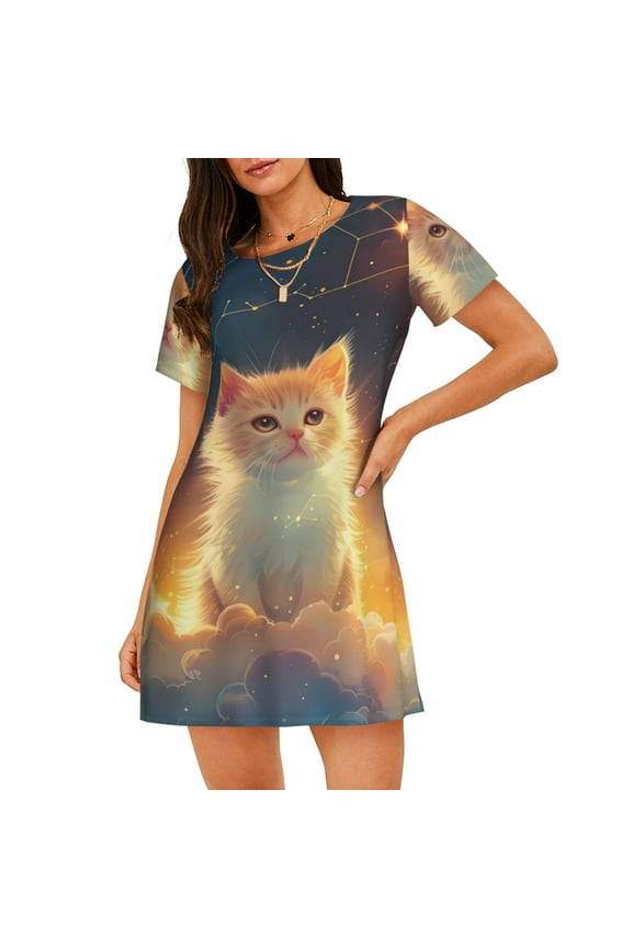 Starry Sky Constellation Cat Print Women’s Nightdress – Cozy Cotton Short-sleeved Sleep Shirt, Loose-Fit Sleepwear, Perfect for Relaxing and Sleeping