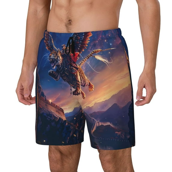 Rateoe Starry Sky Flying Tiger Pattern Men’s Swim Shorts with Compression Liner – Double-Layered Quick-Dry Swimwear, Comfortable & Stretchy Beach Shorts-Medium