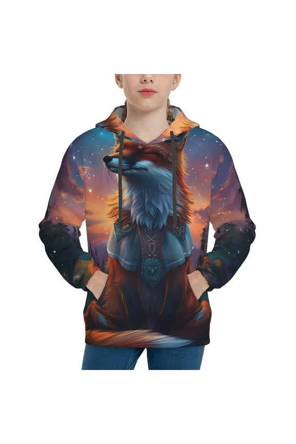 Starry Sky Meditating Fox Pattern Boys Hoodie, Youth Pullover Hooded Sweatshirt, Kangaroo Pocket Hoodie for Kids-