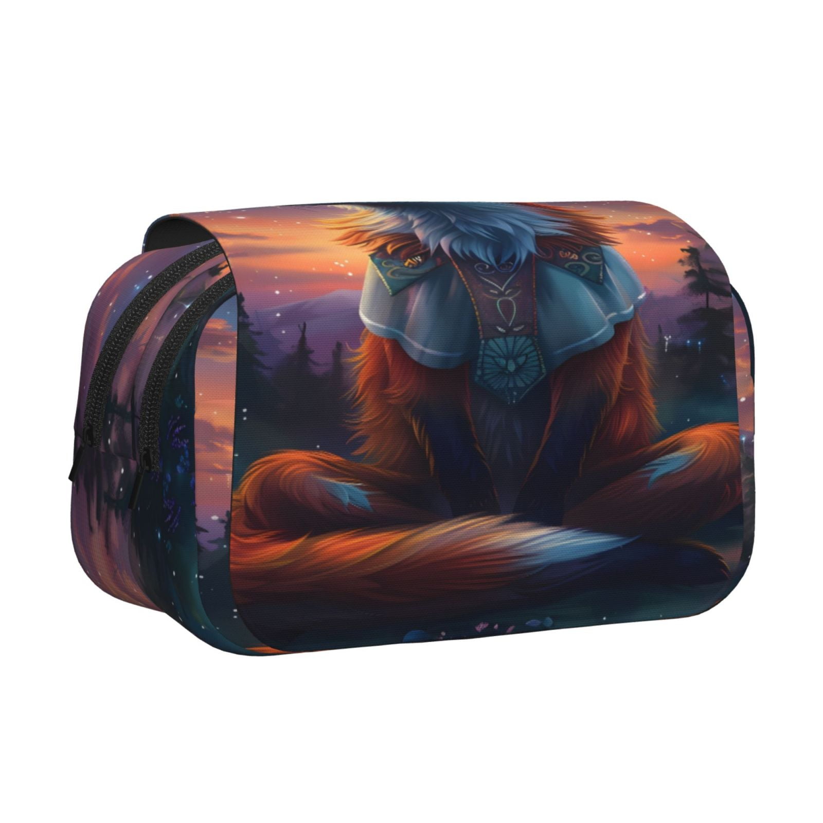 Rateoe Starry Sky Meditating Fox Pattern Double Clamshell Pen Case, Storage Organizer with Two Zipper Compartments– Holds Up to 50 Pencils & Pens