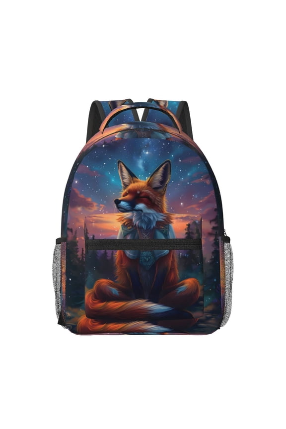 Starry Sky Meditating Fox Pattern Durable Student Backpack Laptop Bag- Ergonomic Design, Waterproof Twill Fabric - Ideal for School, Travel, and Outdoor Activities