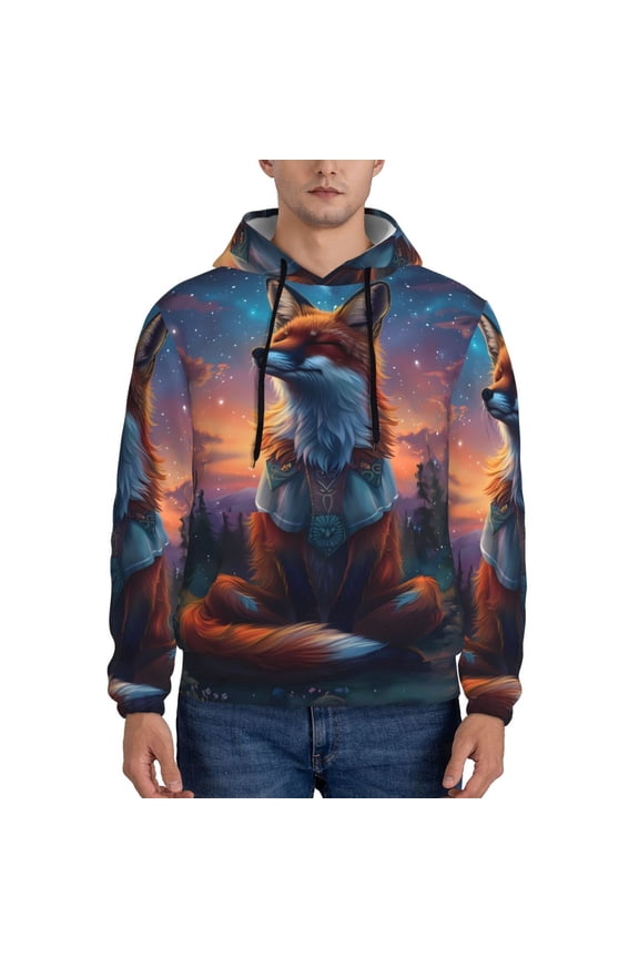 Starry Sky Meditating Fox Pattern Mens Hoodie, Pullover Hooded Sweatshirt, Kangaroo Pocket Hoodie Ideal for Daily Wear, Travel and Home-XX-Large
