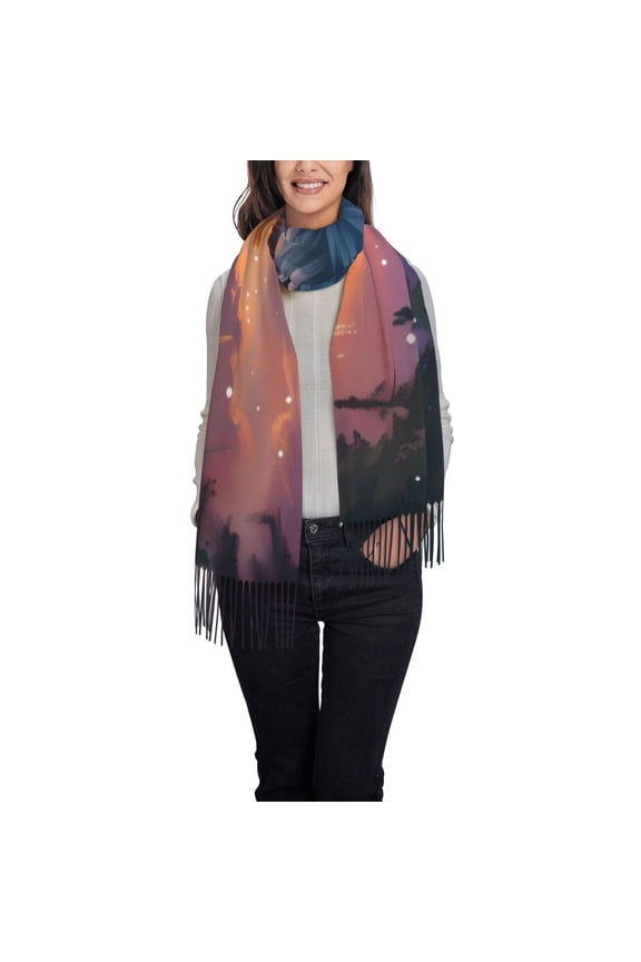 Starry Sky Meditating Fox Women's Traditional Scarf Wrap Tassel Shawl Fringes Neck Head Shawl Retro Scarf