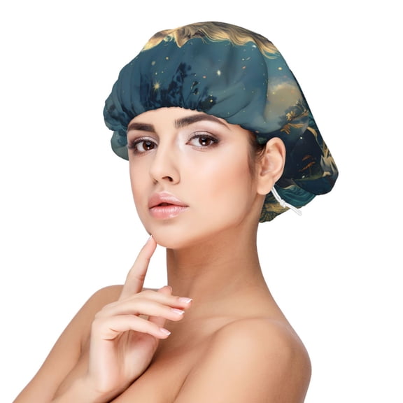 Rateoe Starry Sky Meditating Lion Pattern Silk Satin Hair Bonnet for Sleeping, Adjustable Sleep Cap Turban for Women , Curly Straight Hair Long Large Braid